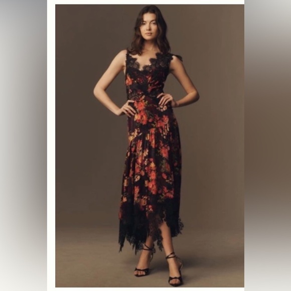 BHLDN Dresses & Skirts - BHLDN Black Floral Lace Maxi Dress with Red & Orange Blooms